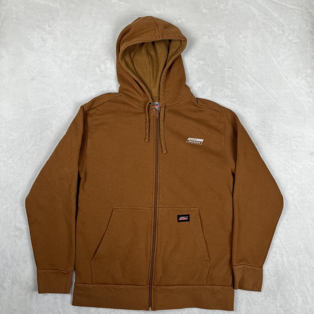 Dickies Hoodie Mens Medium Brown Full Zip Fleece Lined Workwear Sweatshirt Logo